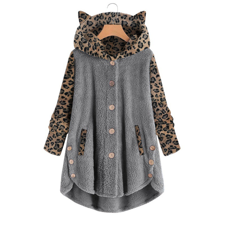 Women's teddy coat with hood, button placket, and contrasting leopard sleeves Amarae
