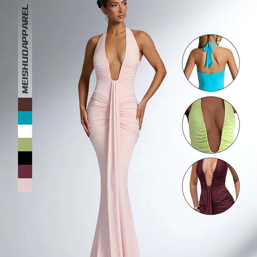 Ladies Elegant Wrap Dress with Deep V-Neck and Flowing Skirt