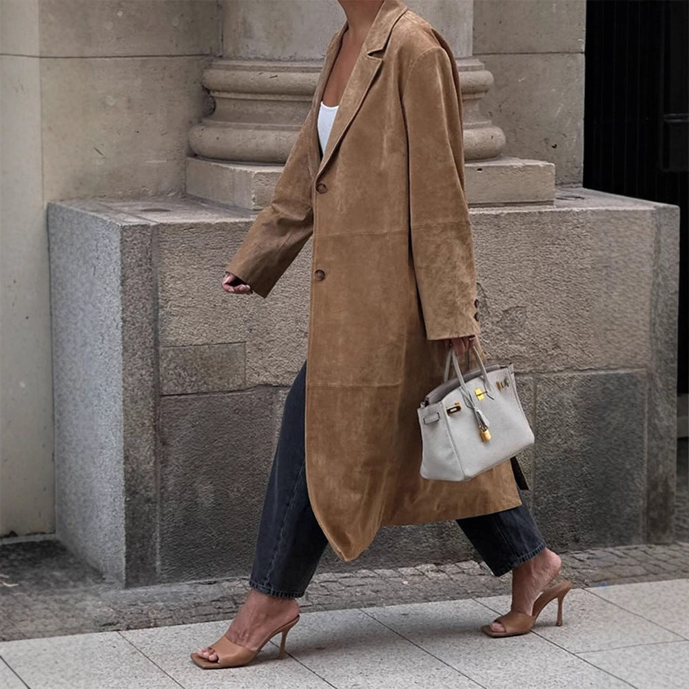 Women's Long Coat in Suede Look with Narrow Lapels and Clean Cut Amarae