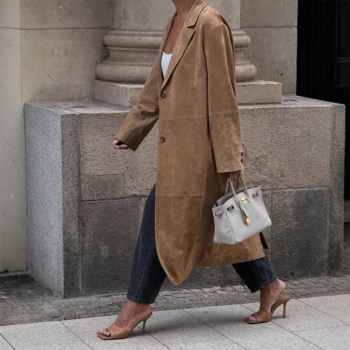 Women's Long Coat in Suede Look with Narrow Lapels and Clean Cut Amarae