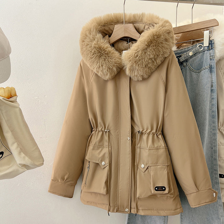 Multifunctional winter jacket for women with removable faux fur collar and adjustable waist drawstring Lune London
