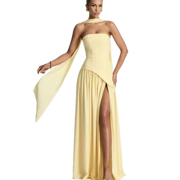 Ladies Floor-Length Maxi Dress with Shoulder-Free Design and Elegant Slit