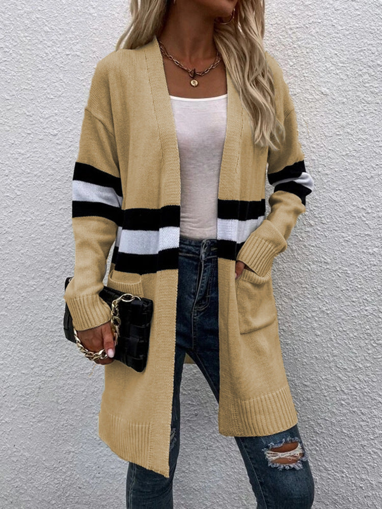 Ladies elegant knitted jacket with wide stripes and pockets Lune London