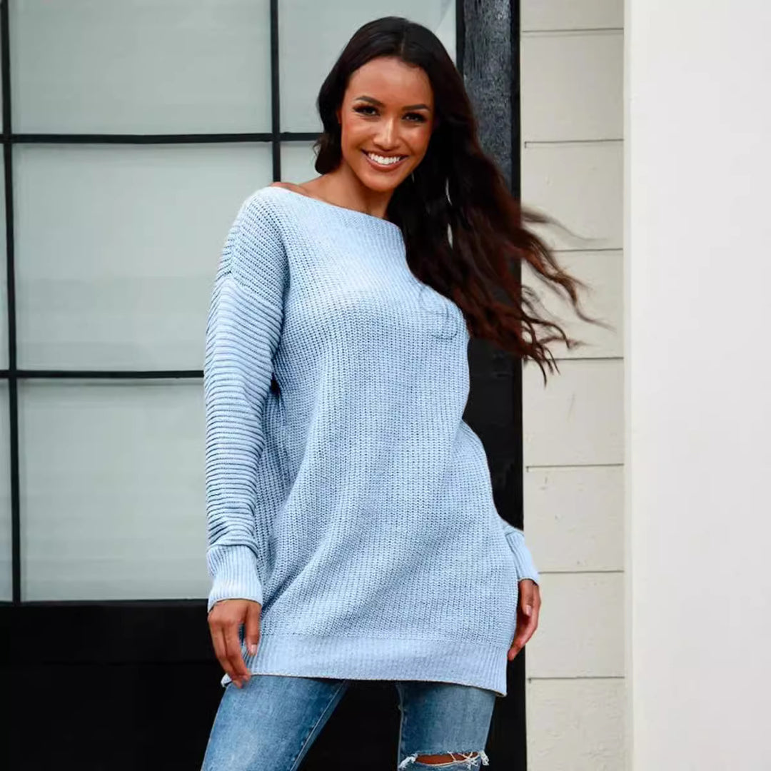 Casual knitted sweater for women with wide neckline and ribbed structure Lune London