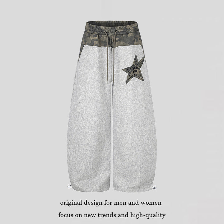 Women's Extra Wide Culotte Sweatpants with Camouflage Waistband and Star Patch Amarae