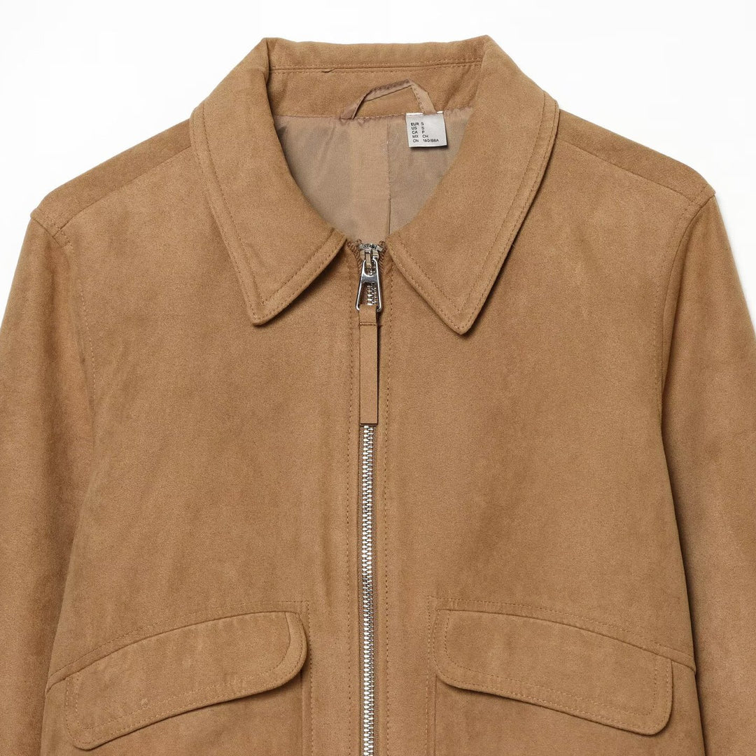 Women's Short Jacket in Suede Look Bomber with Zipper, Flap Pockets and Ribbed Cuffs Amarae