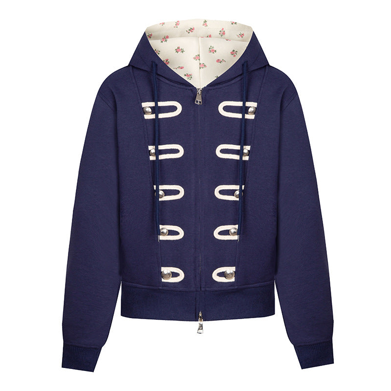 Women's hooded sweat jacket with decorative loops and metal button details Amarae