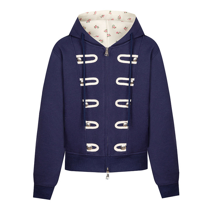 Women's hooded sweat jacket with decorative loops and metal button details Amarae