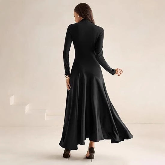 Ladies Elegant Maxi Dress with Long Sleeves, High Collar and Chic Flowing Skirt