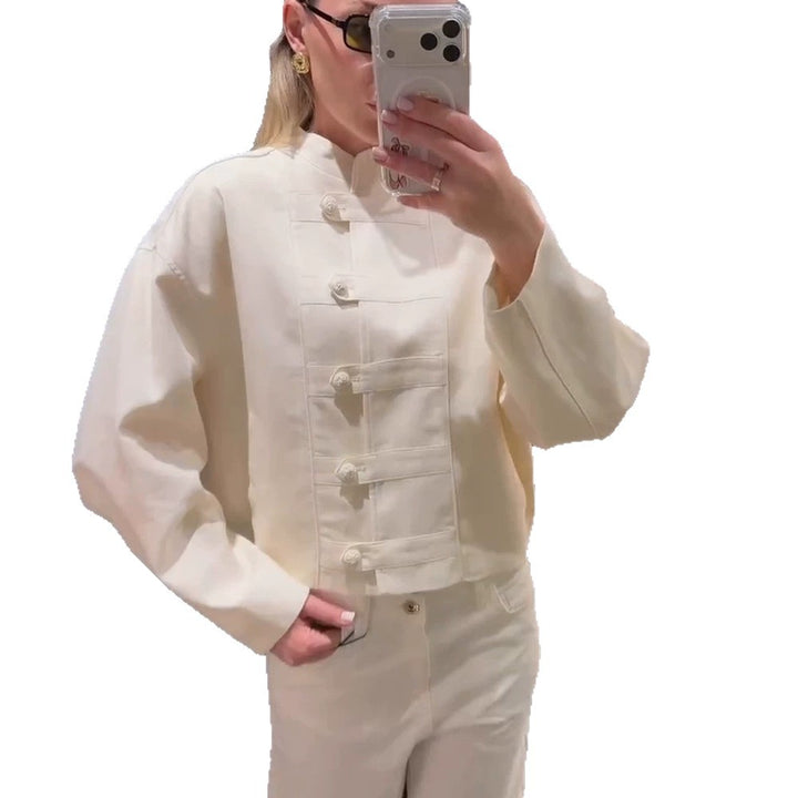 Women's Short Boxy Jacket with Mandarin Collar and Decorative Knot Button Placket Amarae