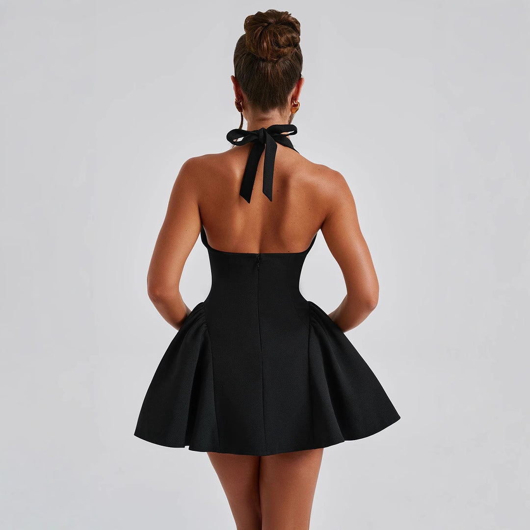 Women's skater dress with deep V-neckline and sophisticated side pockets Lune London