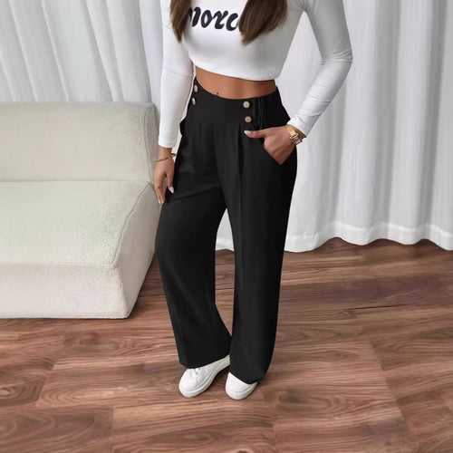 Pantalons élégants pour femmes taille haute avec des détails de boutons sur les côtés et une jambe large Chic & Stil
