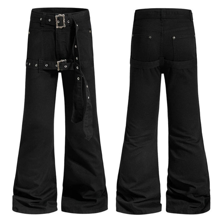 Women's High-Waist Flared Cargo Pants with Wide Leg, Double Belt and Metal Eyelets Amarae
