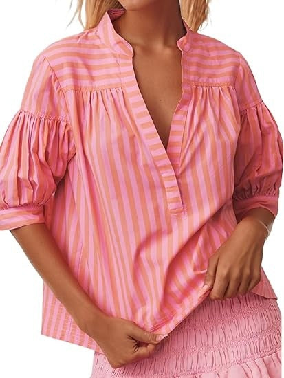 Puff sleeve blouse for ladies with V-neck and striped pattern Lune London