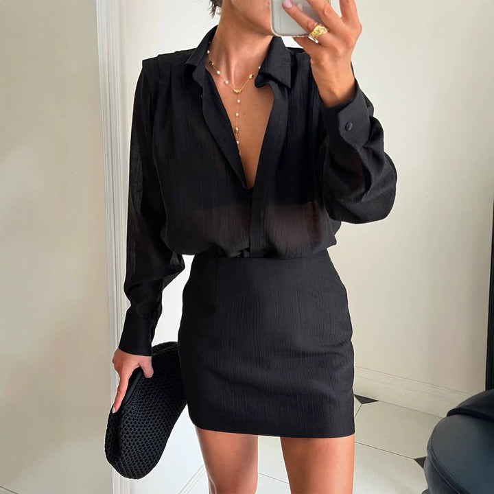 Ladies two-piece fine crinkle chiffon set with shirt blouse and wrap ruffle mini skirt Amarae