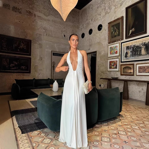 Maxi dress for women with deep V-neck and elegant design with ruffles Amarae