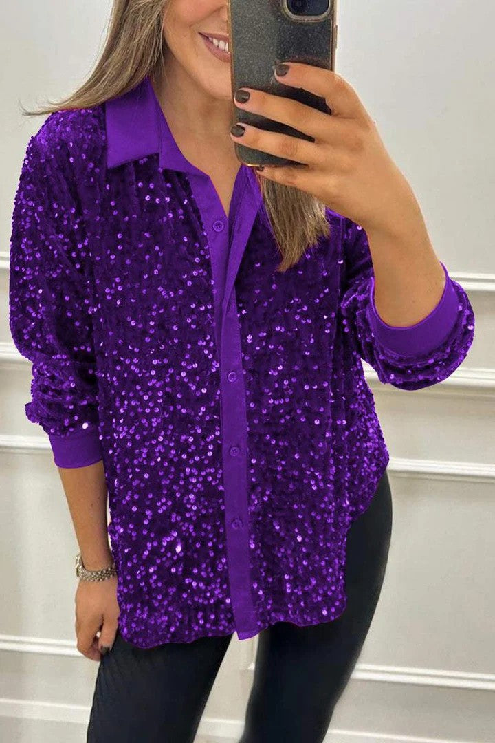 Women Glittering Blouse Made Of Sequins with Classic Collar Lune London