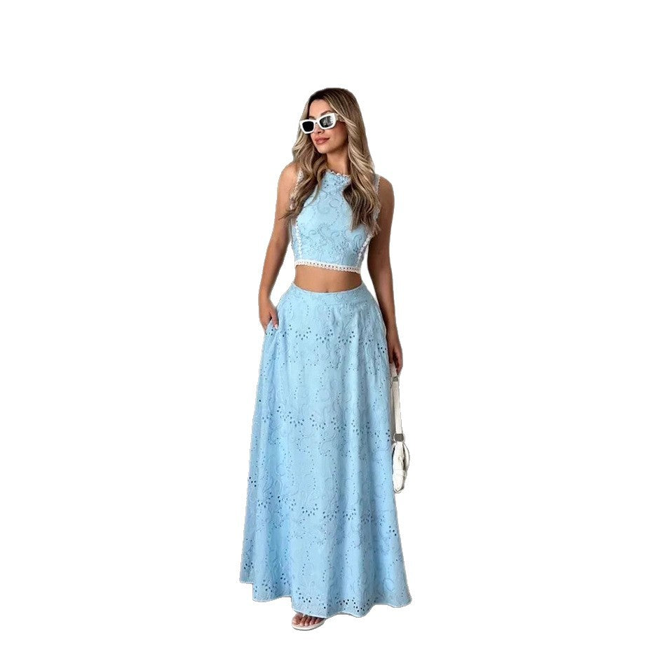 Women's maxi dress with delicate hole embroidery pattern and trendy crop top Lune London