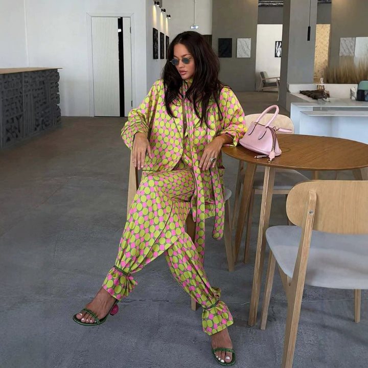 Women Two-Piece Silk Look Suit Set with Oversized Blazer, Wide Pleated Pants & Matching Tube Scarf Amarae