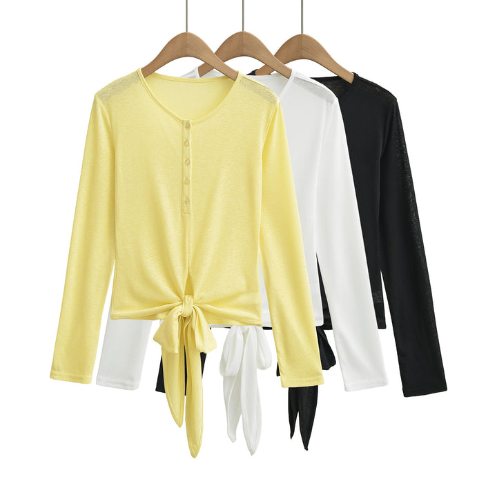 Women’s Long Sleeve Henley Top with Knot Front and Button Placket Amarae