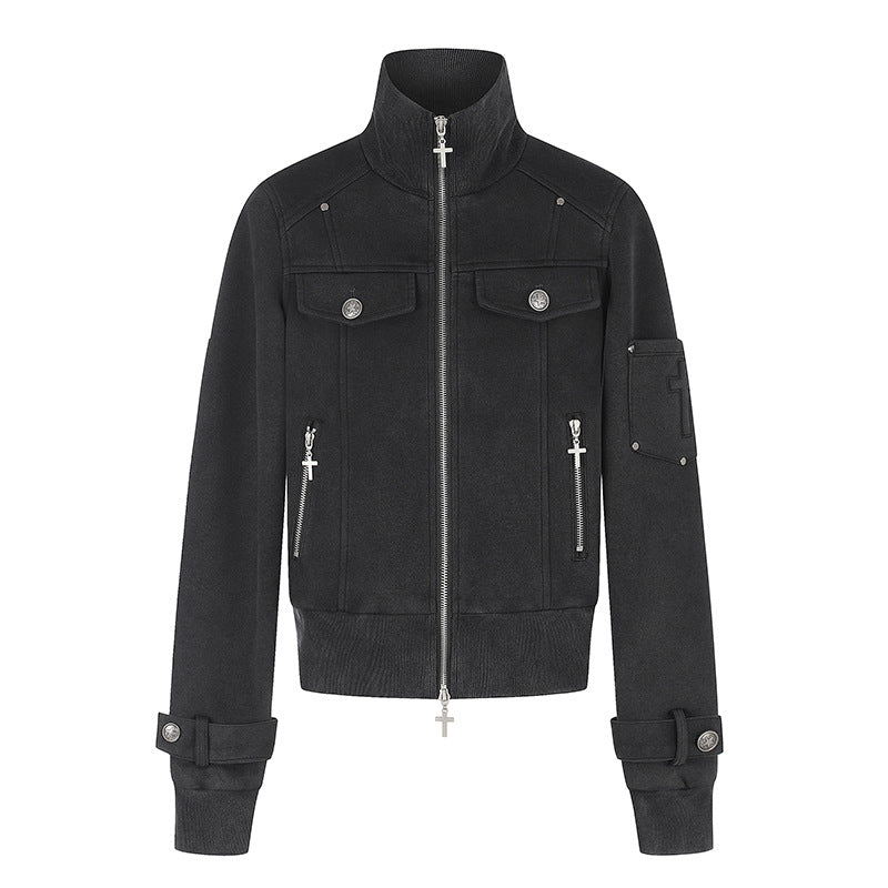 Women Tailored Zip Jacket with High Stand-Up Collar, Decorative Straps & Adjustable Closures Amarae