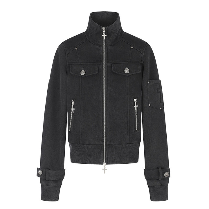 Women Tailored Zip Jacket with High Stand-Up Collar, Decorative Straps & Adjustable Closures Amarae