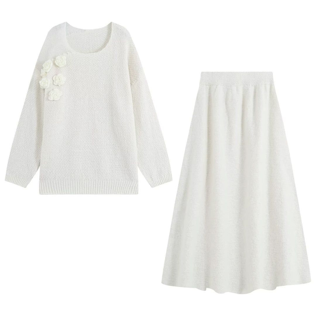 Women's knit set with cozy sweater featuring 3D flower appliqué and A-line skirt Amarae