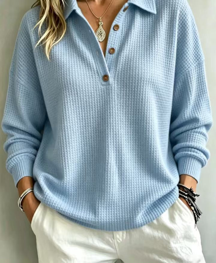 Ladies waffle knit polo with oversized fit, button placket and roll neck look Amarae