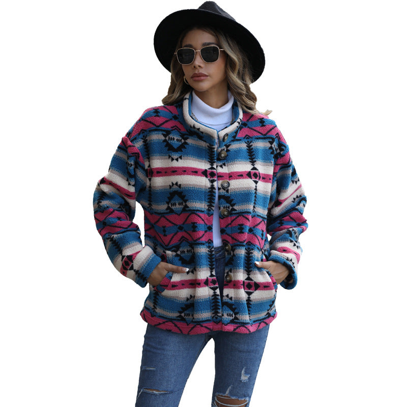 Women's fleece jacket with attractive geometric patterns and practical pockets Lune London