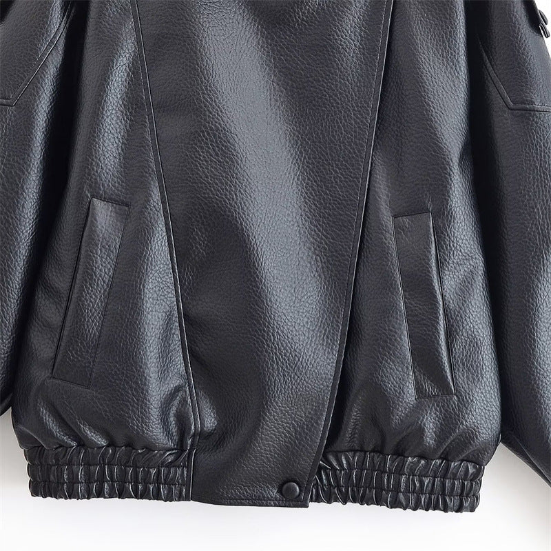 Women's faux leather crossover jacket in bomber style with high stand-up collar Amarae