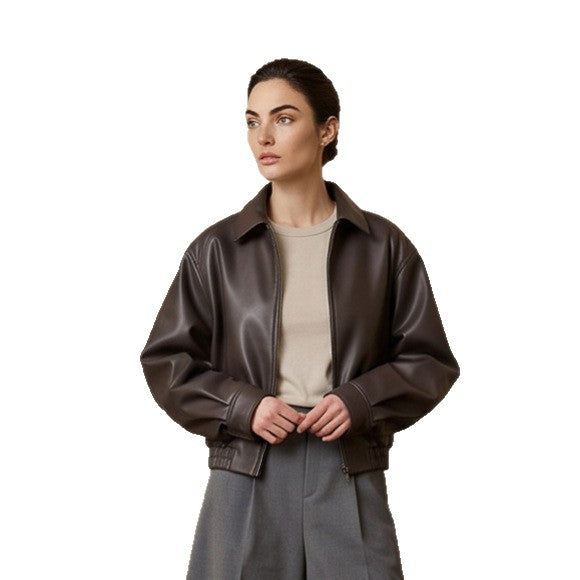 Women Boxy Cropped Faux Leather Jacket with Concealed Zipper and Elastic Hem Amarae
