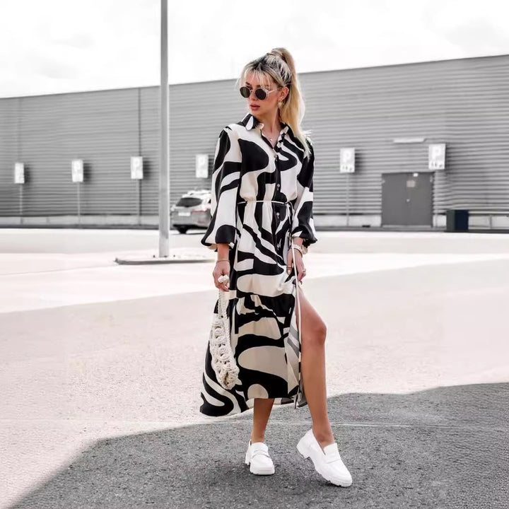Women's Long Sleeve Shirt Dress with Fashionable Pattern and Waist Belt Lune London