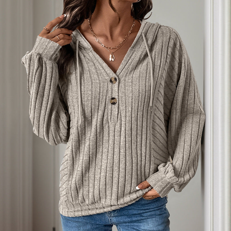 Ladies casual hoodie with textured ribbed pattern and button placket Lune London