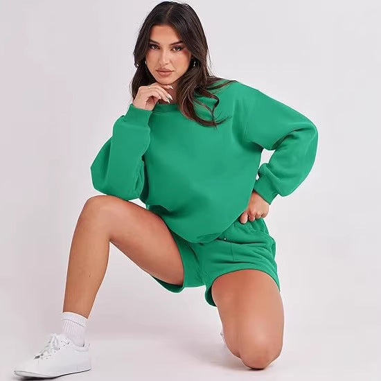 Women's Casual Two-Piece Lounge Sweatset with Oversized Round Neck Sweatshirt and High-Waist Relax Shorts Amarae