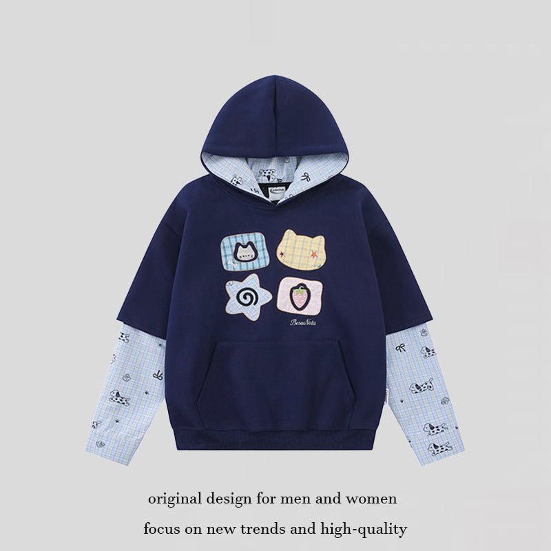 Women's hooded sweatshirt with layered look, kangaroo pocket and playful patch applications Amarae