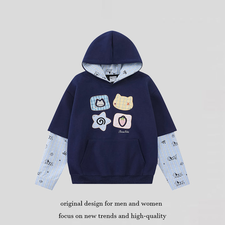 Women's hooded sweatshirt with layered look, kangaroo pocket and playful patch applications Amarae