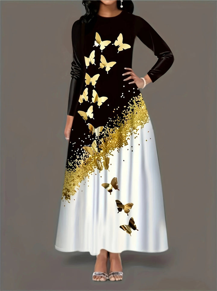 Maxi dress for ladies with an elegant butterfly design and gold accents Lune London