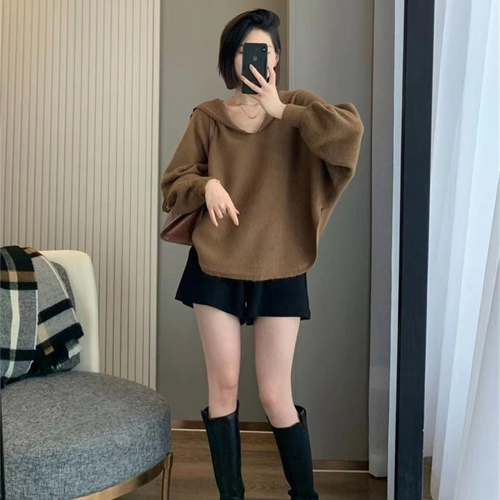 Sweatshirt en tricot surdimensionné pour femmes avec col V décontracté et capuche Chic & Stil