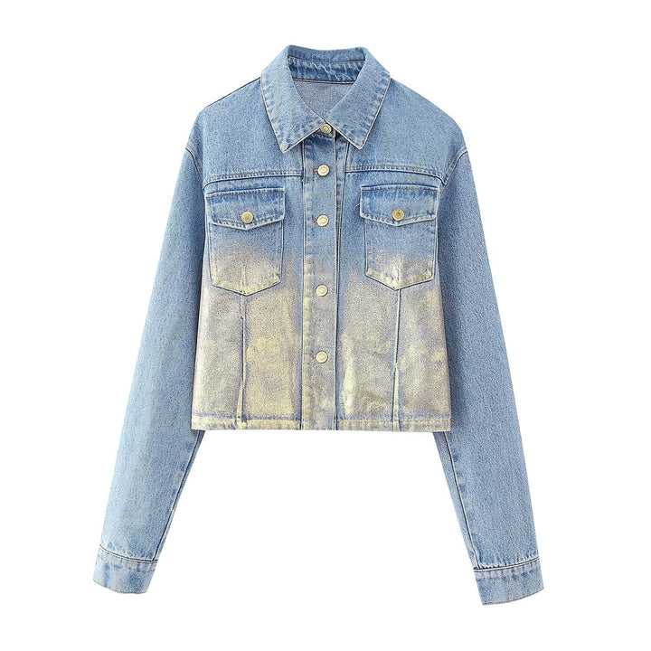 Women's Short Denim Jacket with Metallic Finish and Patch Chest Pockets Amarae