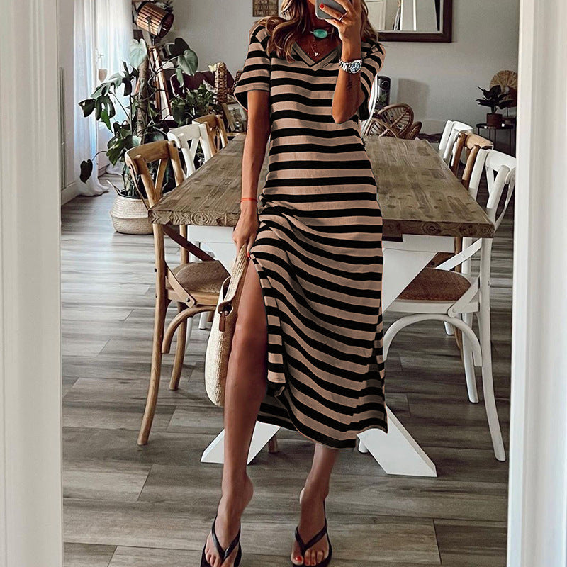 Maxi dress for women with deep side slit and trendy striped pattern Lune London