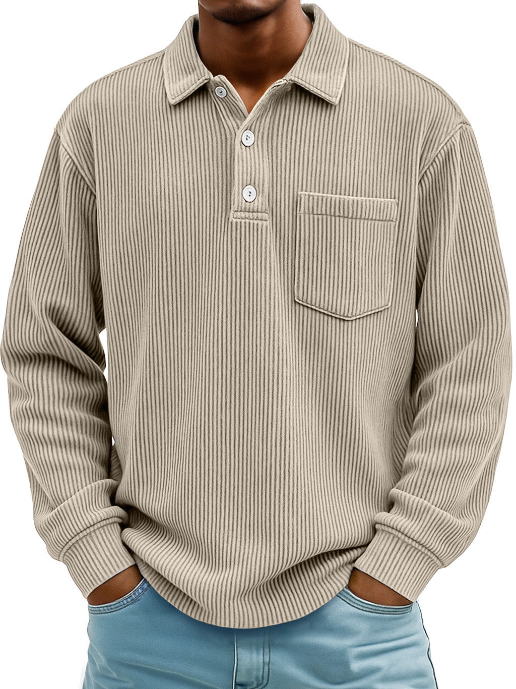 Men's Long Sleeve Casual Polo in Textured Fabric Lune London