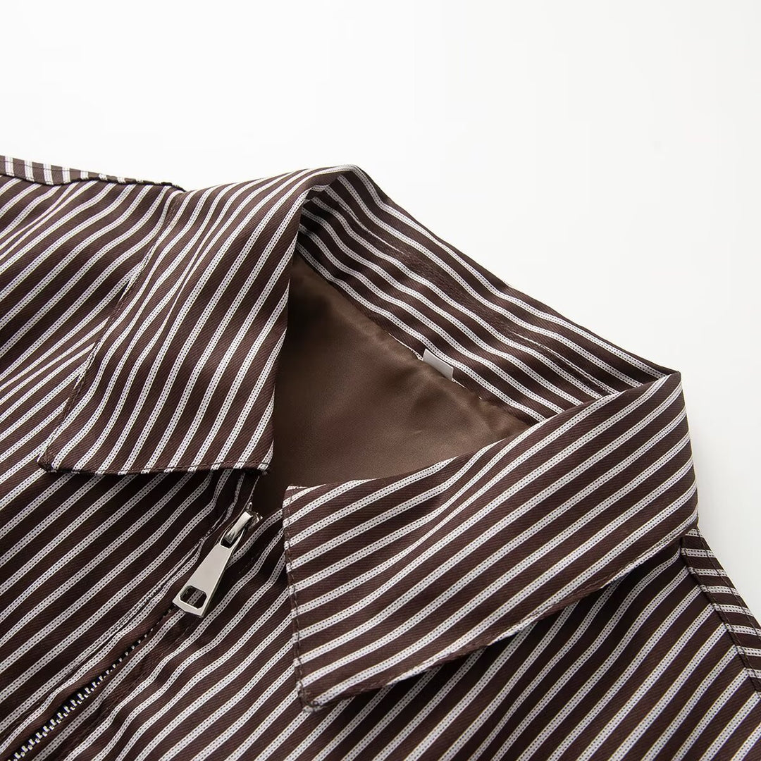 Women's Lightweight Striped Blouson Jacket with Zipper, Shirt Collar and Elastic Hem Amarae