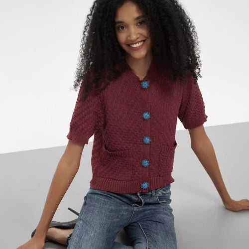 Knit jacket for women with an elaborate textured pattern and decorative buttons Amarae