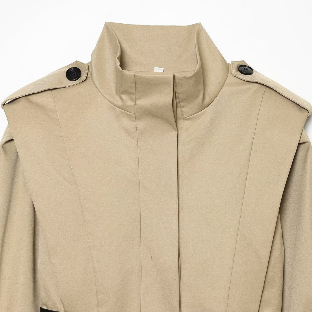 Women Short Cape Trench with High Funnel Collar and Waist Belt Amarae