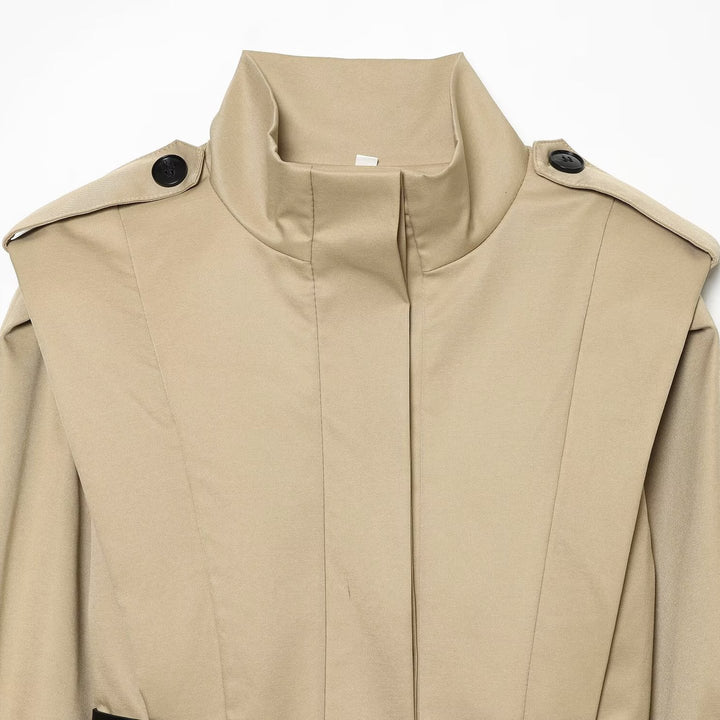 Women Short Cape Trench with High Funnel Collar and Waist Belt Amarae