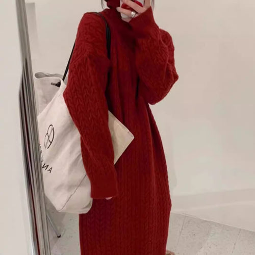 Knit dress for women with high collar and modern cable pattern Amarae