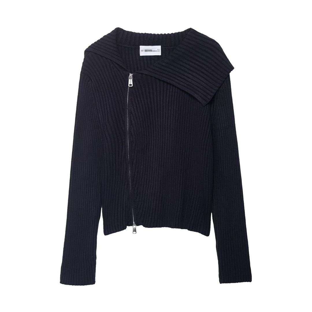 Ladies stylish knit sweater with asymmetrical collar and zipper Lune London