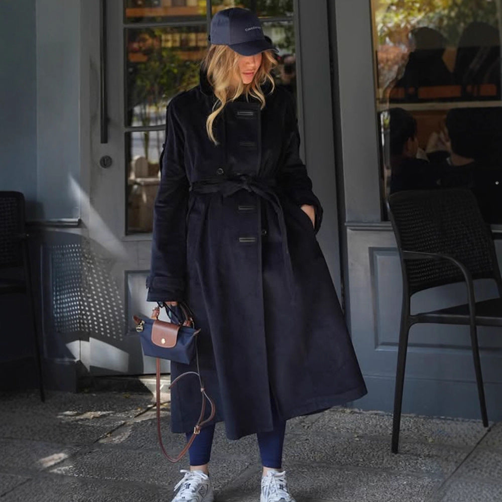 Women's longer cord trench coat with tie belt and oversized shoulders Amarae