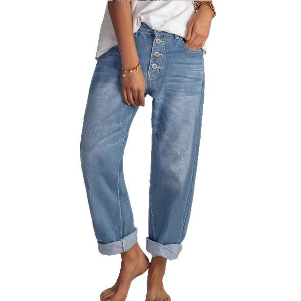 Ladies High-Waist Relaxed-Fit Jeans in Boyfriend Style with Visible Button Placket and Rolled Hem Amarae