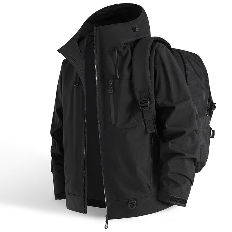 Functional outdoor jacket for men with adjustable hood drawstring and practical zip pockets Lune London